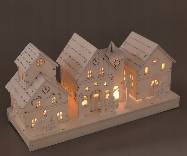 Drewniane białe domki z oświetleniem LED 14x28 cm
