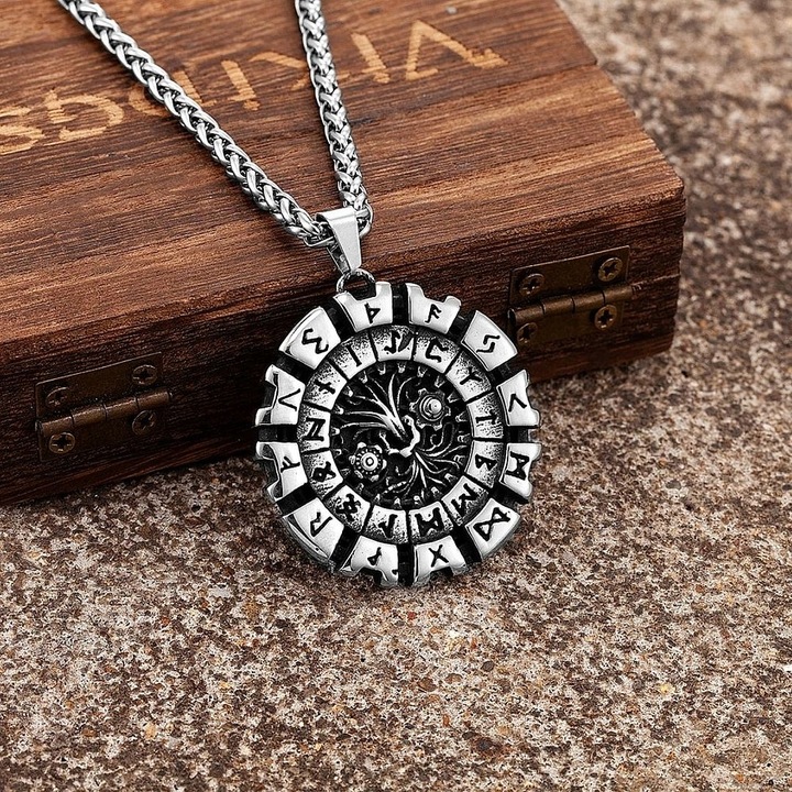 Okrągła Zawieszka Wikingów Runy Nordyckie Stal Chirurgiczna