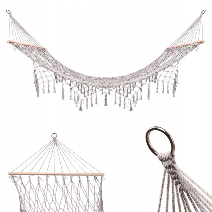 HAMAK OGRODOWY SIATKA MAKRAMA WISZĄCY LEŻAK BOHO FRĘDZLE 200 CM SZARY DUŻY