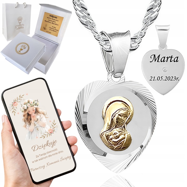 Srebrny zestaw komunijny łańcuszek i medalik pozłacana pasyjka 45 cm GRAWER