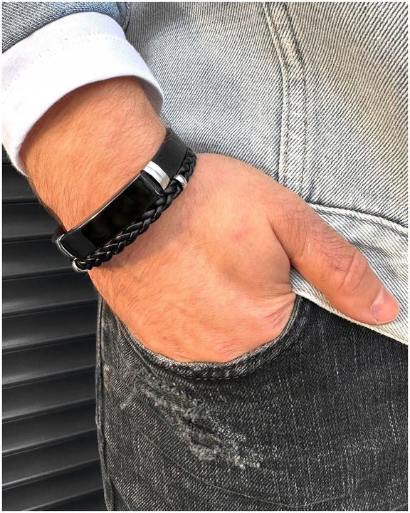 Bransoletka męska SKÓRZANA z GRAWEREM czarna STAL prezent + GRAWER GRATIS