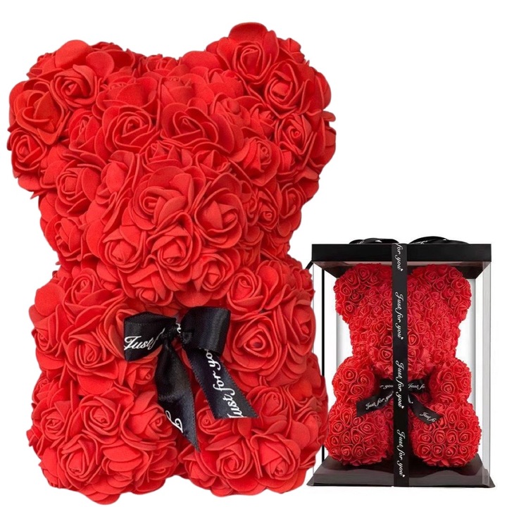 Misiek z Kwiatów Róż ZŁOŻONE PUDEŁKO Prezent na Walentynki MIŚ + Lampki Led