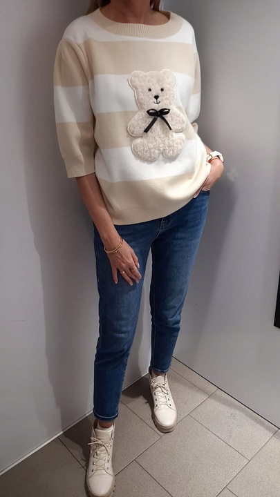 COCOMORE Sweter w Pasy MIŚ Bear Beżowy + Biały + Camel Nowość