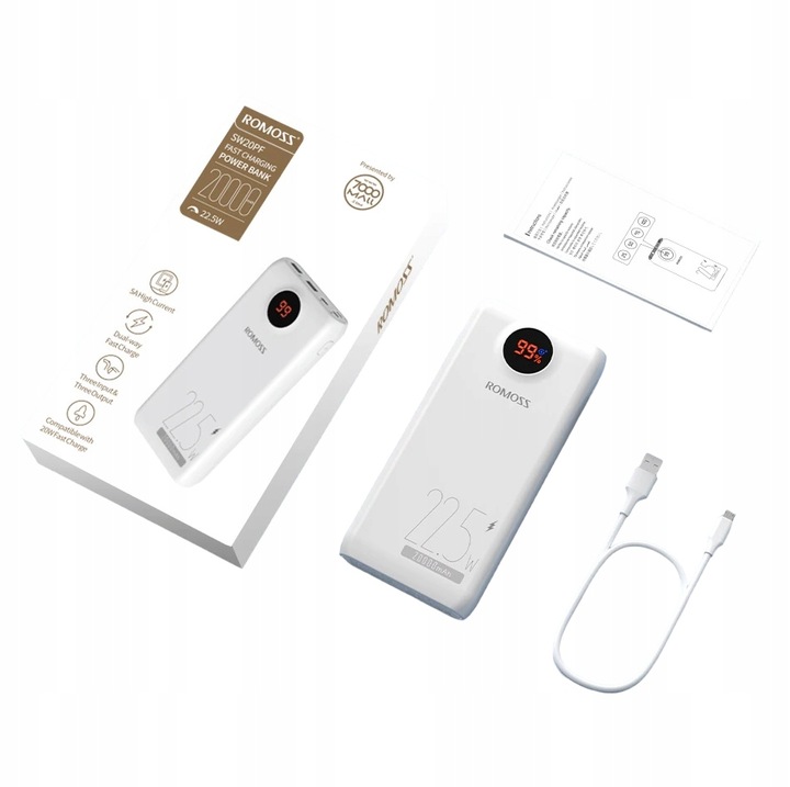 ROMOSS MOCNY POWERBANK USB DO TELEFONU 20000MAH USB-C 2X USB-A PD QC 22.5W