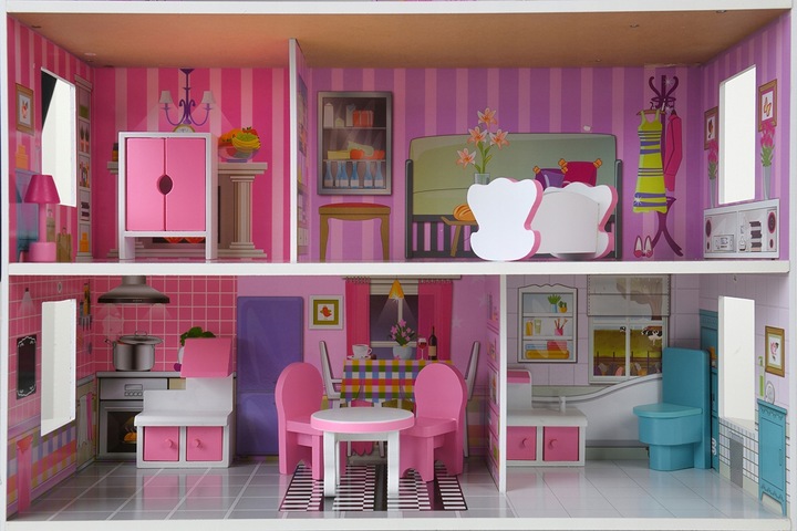 DUŻY DOMEK DLA LALEK DREWNIANY WILLA TARAS + MEBELKI + OŚWIETLENIE LED