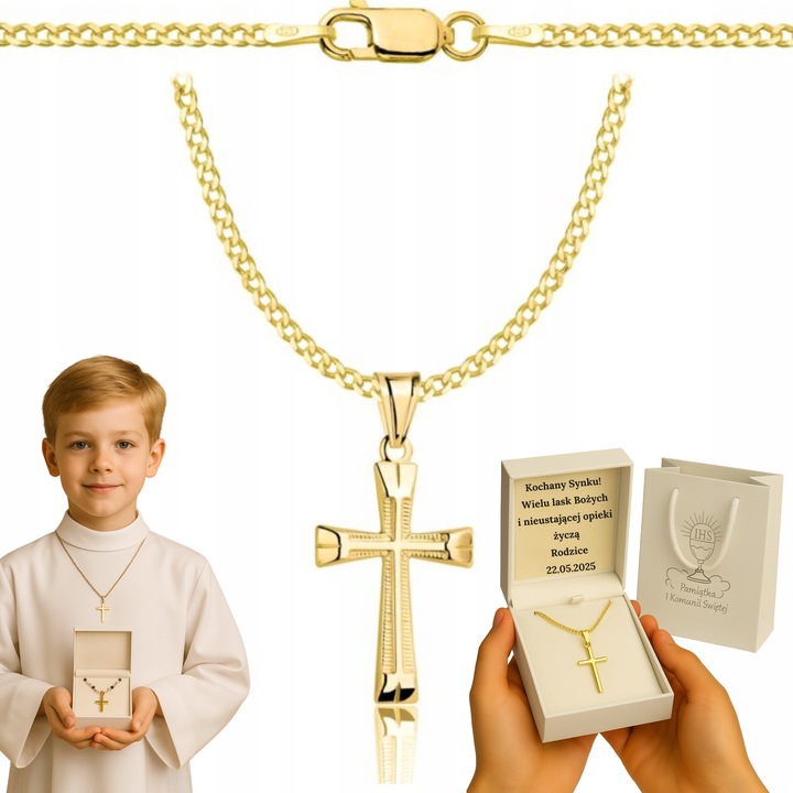 ZŁOTY ŁAŃCUSZEK NA CHRZEST CHRZCINY KRZYŻYKIEM PR 925 585 GRAWER PAMIĄTKA