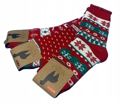 3x CIEPŁE GRUBE ZIMOWE SKARPETY WEŁNIANE ALPAKA na PREZENT świąteczne wzory