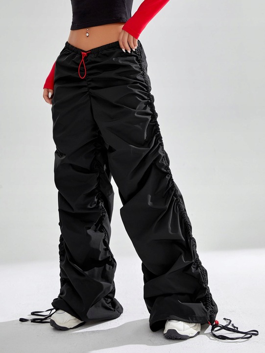 SPODNIE PARACHUTE MARSZCZONE ZE ŚCIĄGACZEM W PASIE I NOGAWKACH SHEIN S