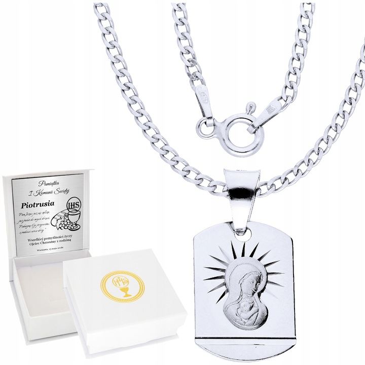 Srebrny Łańcuszek 925 Medalik Komunia Chrzest Dla Chłopca Grawer