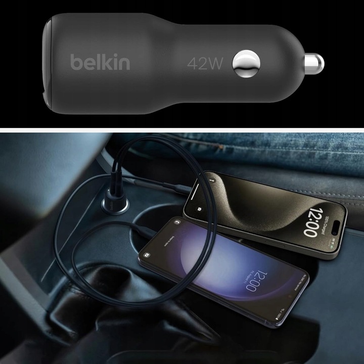 Belkin Ładowarka samochodowa - USB-C PD 3.0 3A PPS 30W + USB-A 12W, mała