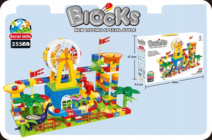 KLOCKI KONSTRUKCYJNE DO BUDOWANIA TOR KULKOWY PARK DINOZAURÓW ZESTAW 255 EL