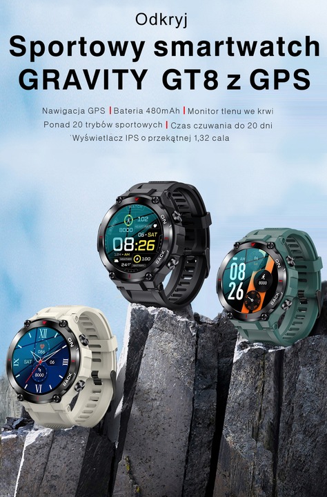 Smartwatch GRAVITY GT8-2 CZARNY Męski BRANSOLETA TĘTNO KALORIE SEN ROZMOWY