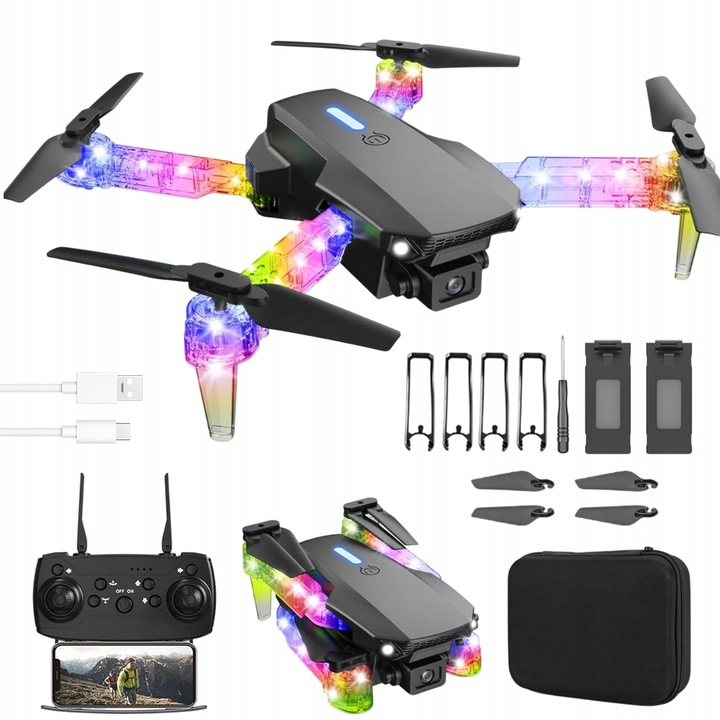 E99D DRON Z PODWÓJNE KAMERY LED OŚWIETLENIEM ZABAWKA SKŁADANIE CZTEROOSIOWE