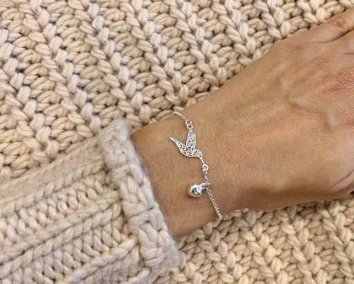 BRANSOLETKA SREBRNA DAMSKA REGULOWANA NA RĘKĘ KOLIBER SERCE + GRAWER