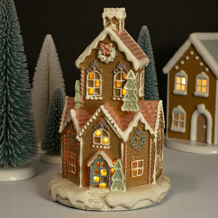 Świąteczny Domek Chatka Gingerbread z PASTELOWY domek LED - 21CM PREZENT