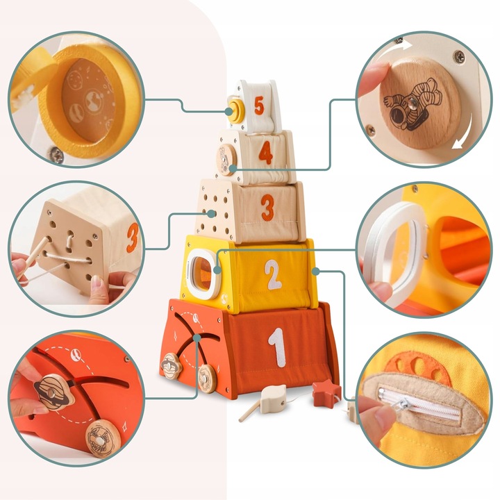 Drewniana piramidka edukacyjna Montessori sorter kształtów, labirynt, cyfry