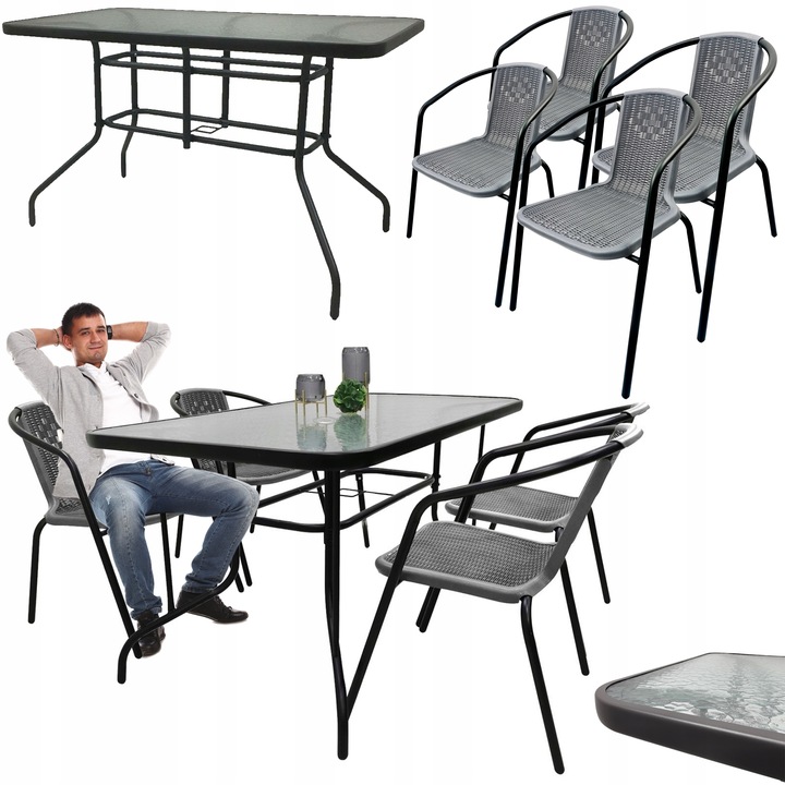 ZESTAW MEBLI OGRODOWYCH NA TARAS STÓŁ 120x70 + 4x KRZESŁA LORETTO SZARY MIX