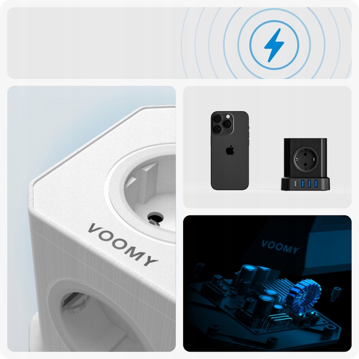 Biały Listwa Zasilająca Voomy PowerCube S6 z Jednym USB-C i Trzema USB-A