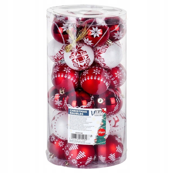 30x Bombki CHOINKOWE świąteczne nietłukące BIAŁE CZERWONE zestaw bombek