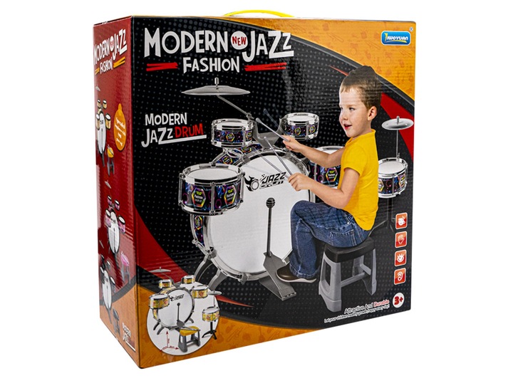 PERKUSJA DUŻA DLA DZIECI ZESTAW 6 BĘBNÓW 2 TALERZE TABORET ZABAWKA MUZYCZNA