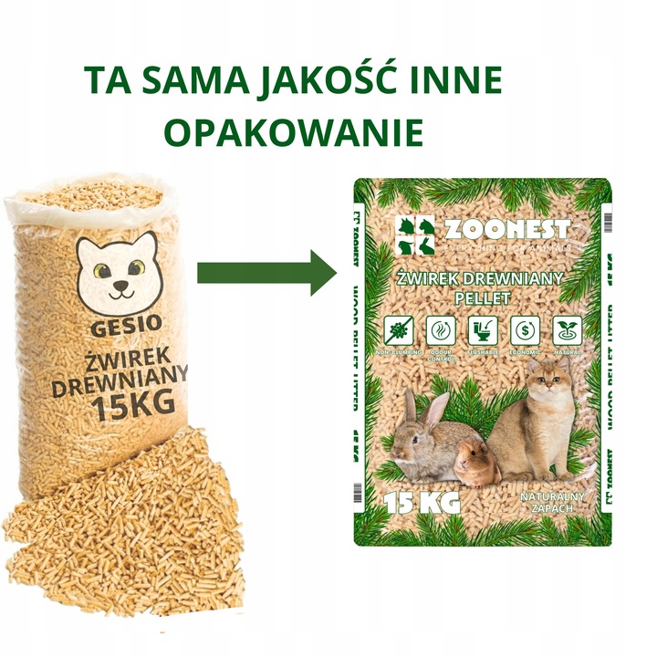ŻWIREK DREWNIANY PELLET DLA KOTA KRÓLIKA ŚWINKI 15KG JASNY