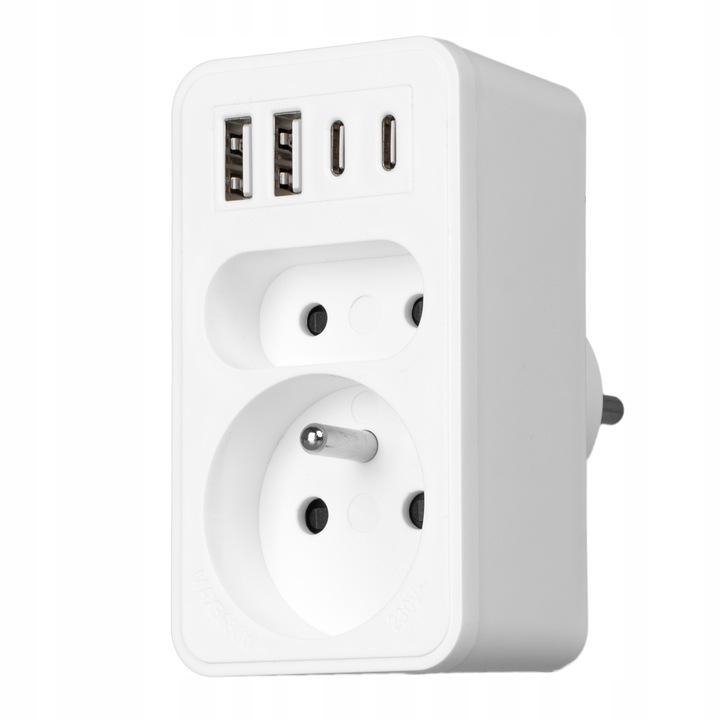 ROZGAŁĘŹNIK ELEKTRYCZNY 2 GNIAZDA ZŁODZIEJKA ŁADOWARKA 2x USB-C 2xUSB VAYOX