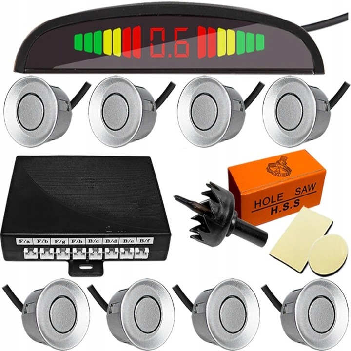 Zestaw Czujników Parkowania Cofania LED 8 Sensorów Srebrne Wyświetlacz LCD