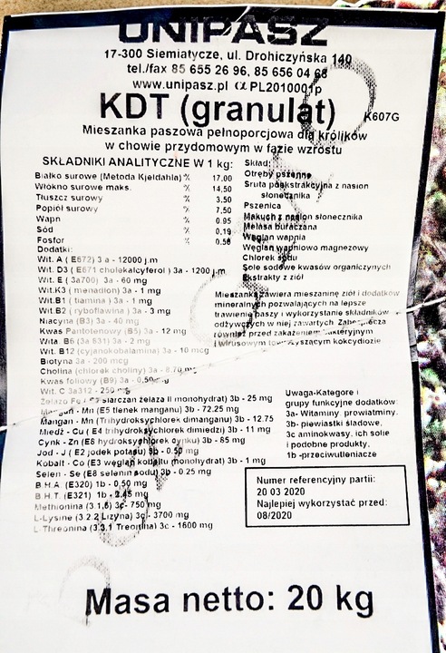 Pasza dla królików domowy w tuczu 20kg KDT Unipasz