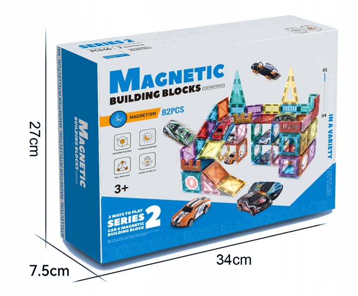 Klocki magnetyczne konstrukcyjne ZESTAW XXL 82 el. tor samochodowy 12 AUT