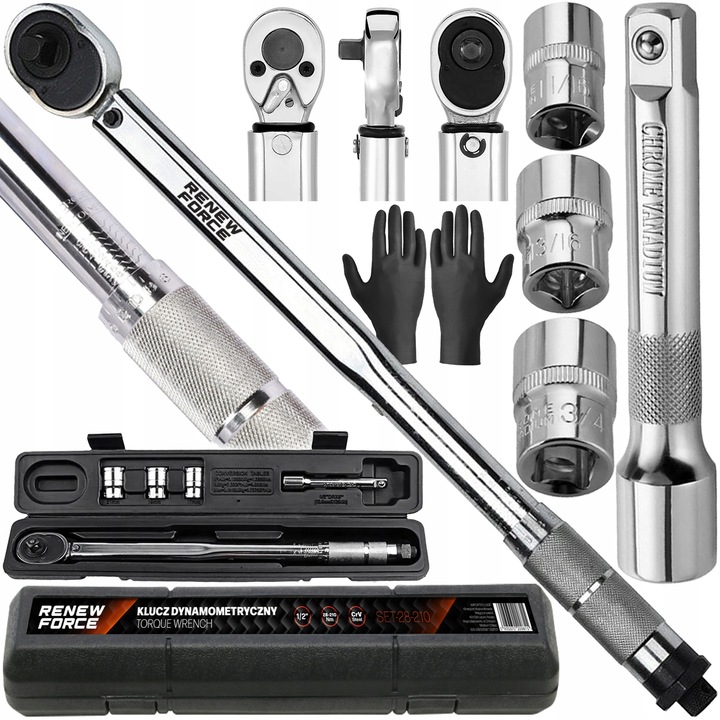Klucz Dynamometryczny 1/2 28-210Nm 465mm 3 NASADKI 17 19 21mm + Przedłużka