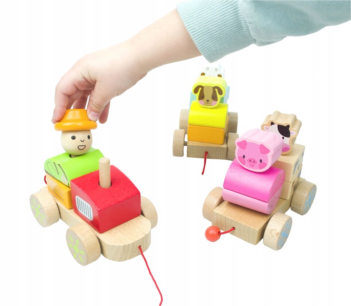 LT333 NOWY DREWNIANY POCIĄG Z WAGONAMI I KLOCKAMI WIEJSKA SCENERIA