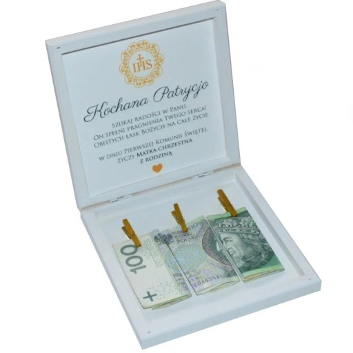 Pudełko ala koperta Pamiątka I Komunii na pieniądze prezent chrzestnej