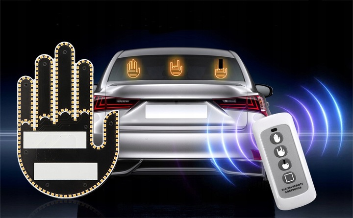 RĘKA LED NA TYLNĄ SZYBĘ SAMOCHODU SYGNALIZATOR GESTÓW ŚRODKOWY PALEC KCIUK