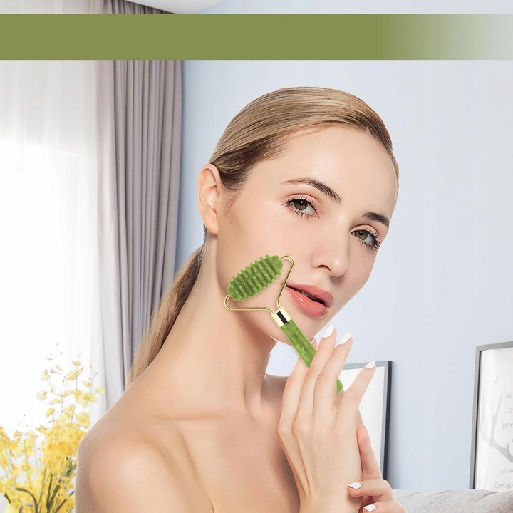 3w1 Masażer do twarzy KAMIEŃ GUA SHA z jadeitu zestaw roller wałek masażu
