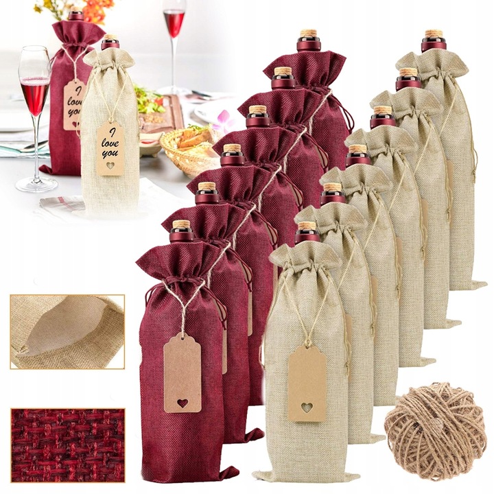 12X WORKI JUTOWE TOREBKI NA WINO POKROWCE NA BUTELKI WINA ZE SZNURKAMI TAGI