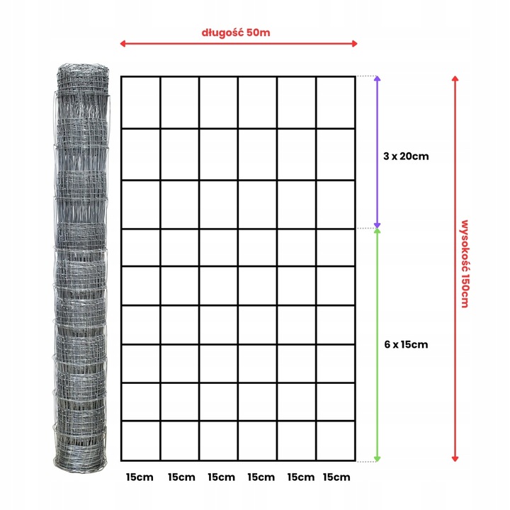 SIATKA LEŚNA 150/10/15 L - rolka 50m OCYNKOWANA do pola sady lasy budowa