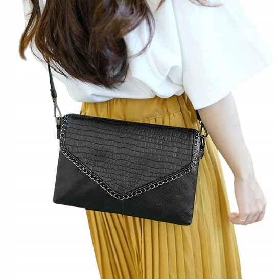 Torebka Damska CZARNA Kopertówka Łańcuch na Ramię Pasek EKO Skóra Krokodyla