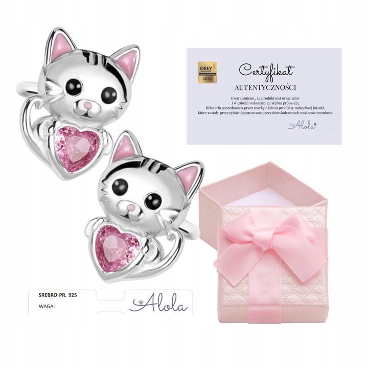 Kolczyki Srebrne Dla Dziewczynki Rodowane Kotki Srebro 925 Sztyfty Serce