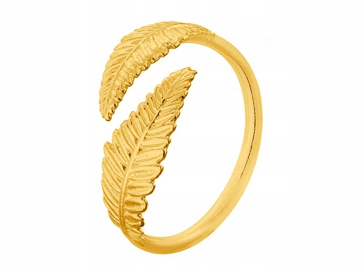 Regulowany Złoty Pierścionek Liść Paproci Srebro 925 Listek Gałąź Paproć