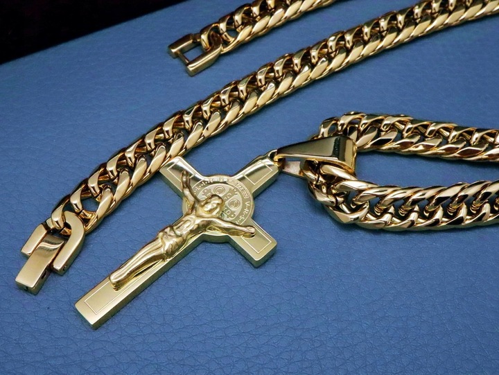 GRUBY ZŁOTY ŁAŃCUCH ŁAŃCUSZEK Z KRZYŻYKIEM STAL CHIRURGICZNA PREMIUM 9MM