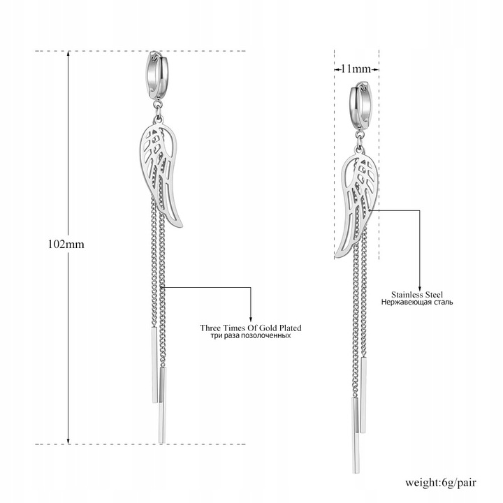 KOLCZYKI DŁUGIE ŁAŃCUSZKI SKRZYDŁA STAL CHIRURGICZNA 316 L KOLOR SREBRNY