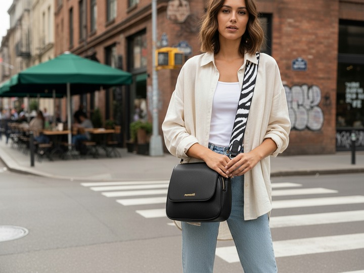 Torebka Damska Listonoszka MONNARI KUFEREK Czarna 2 PASKI PRZEGRODY