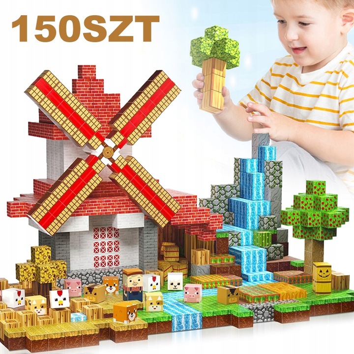 KLOCKI MAGNETYCZNE KLOCKI SZEŚCIANY FARMA 150 KLOCKÓW PIKSELE DLA DZIECI
