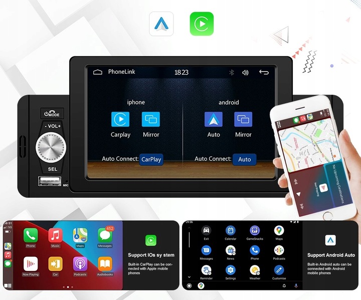 RADIO SAMOCHODOWE 1 DIN USB DOTYKOWE ANDROID AUTO CARPLAY MIRROR LINK