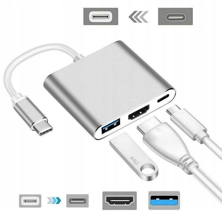 Adapter Przejściówka HUB 3w1 MHL HUB USB C HDMI 4K do MacBook Samsung