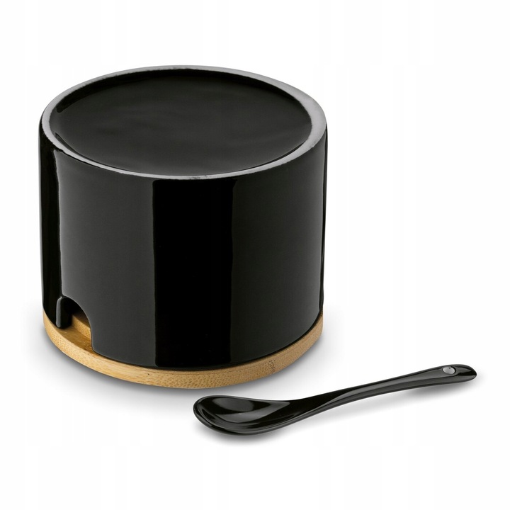 Czarna CUKIERNICA +ŁYŻECZKA pojemnik na CUKIER z bambusową POKRYWKĄ 350ml