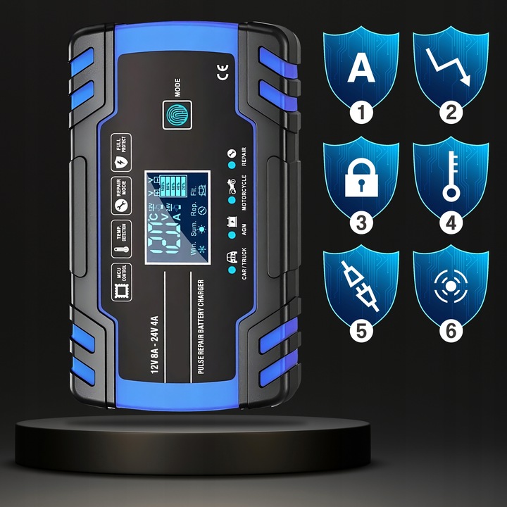 Prostownik samochodowy do akumulatorów LTC LX1204 12 V 24 V LCD ładowarka