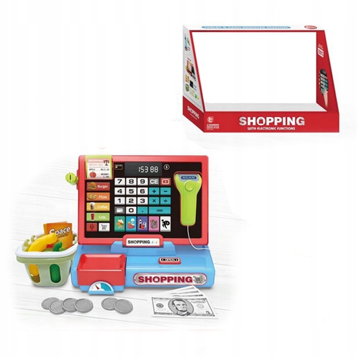 Kasa fiskalna z skanerem waga koszyk na zakupy sklep zabawkowa edukacyjna