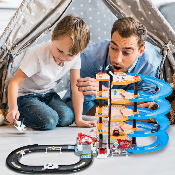 PARKING GARAŻ DLA SAMOCHODÓW 4 AUTA TOR WYŚCIGOWY ZJEŻDŻALNIA 4 PIĘTRA