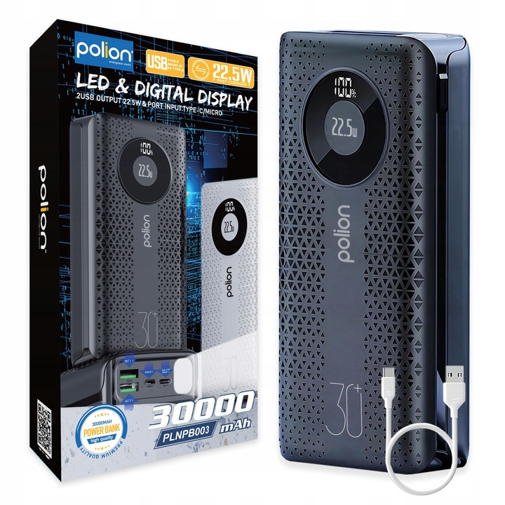 Powerbank POLION Szybkie Ładowanie 22.5W 30000mAh USB-C USB-A PD3.0 QC3.0